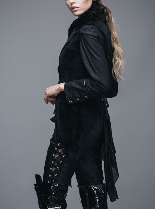 Goth Punk Black Stitching Medium Length Style Asymmetric Hem Vest