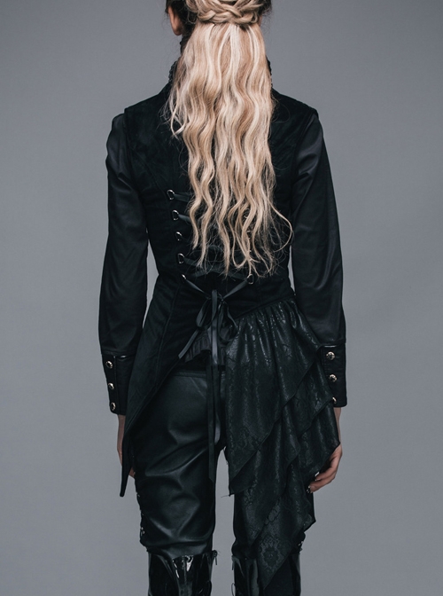 Goth Punk Black Stitching Medium Length Style Asymmetric Hem Vest