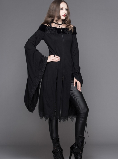 Gothic Pure Color Off Shoulder Trumpet Sleeve Black Lace Coat