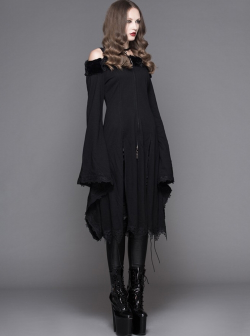 Gothic Pure Color Off Shoulder Trumpet Sleeve Black Lace Coat