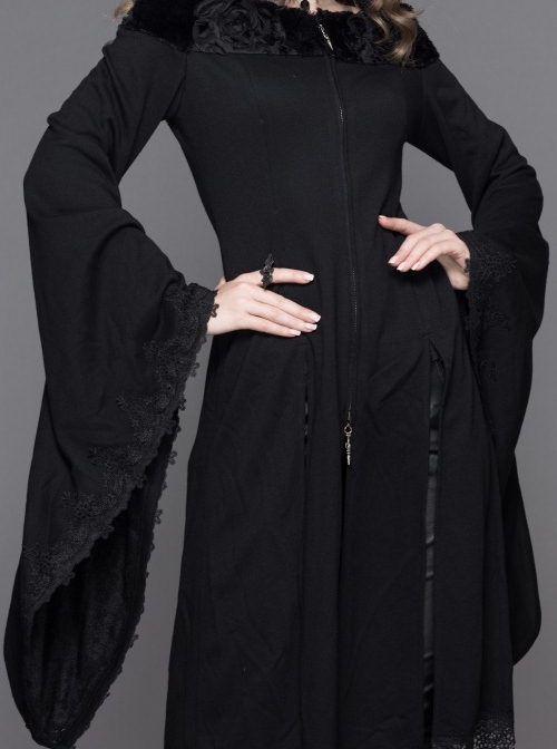 Gothic Pure Color Off Shoulder Trumpet Sleeve Black Lace Coat