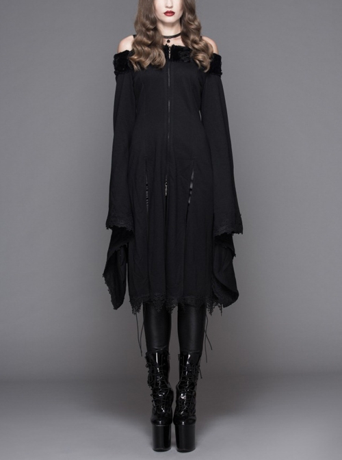 Gothic Pure Color Off Shoulder Trumpet Sleeve Black Lace Coat