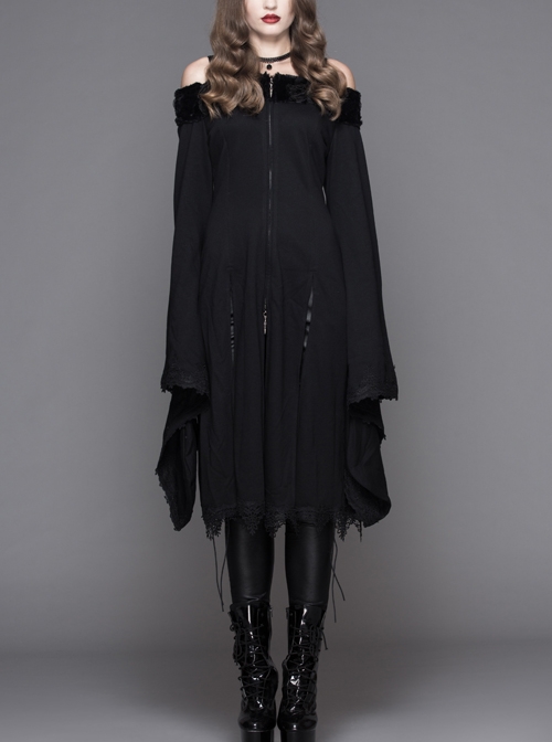 Gothic Pure Color Off Shoulder Trumpet Sleeve Black Lace Coat