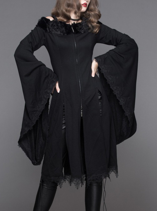 Gothic Pure Color Off Shoulder Trumpet Sleeve Black Lace Coat