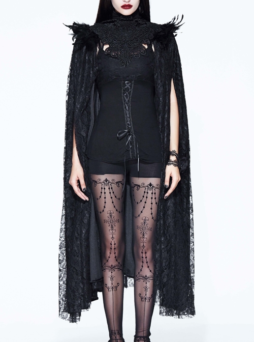 Halloween Costume Gothic Palace Style Black Lace Long Cloak