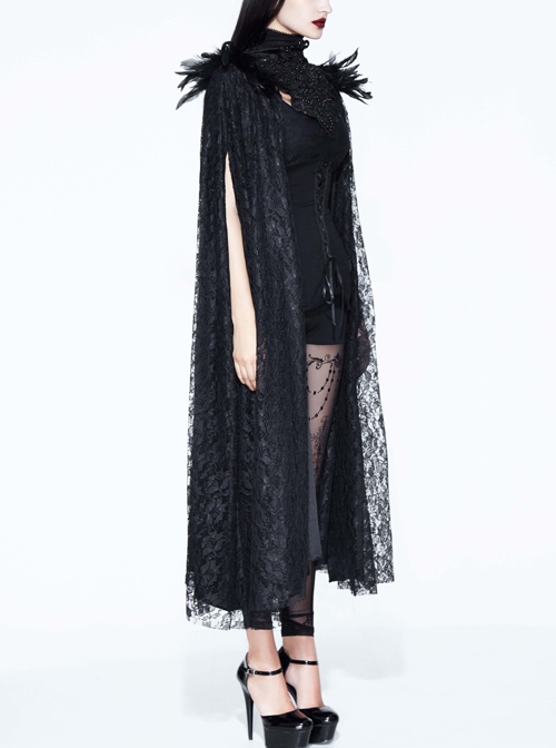 Halloween Costume Gothic Palace Style Black Lace Long Cloak