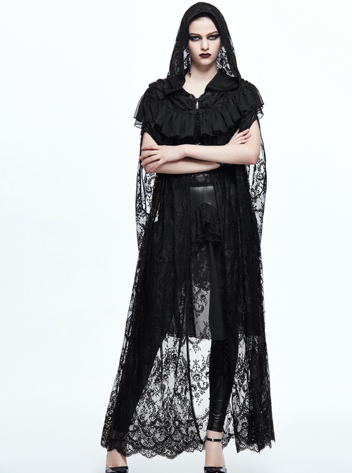 Gothic Women's Black Lace Halloween Hooded Long Cloak - Magic Wardrobes