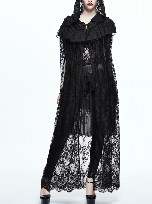 Gothic Women's Black Lace Halloween Hooded Long Cloak