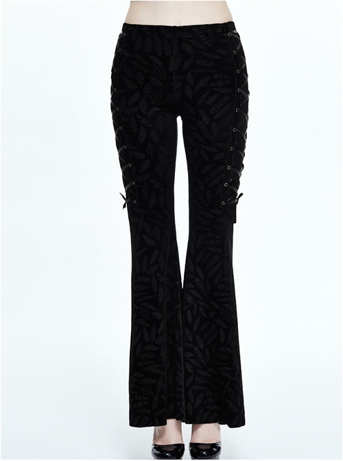 Steampunk Gothic Retro Dark Feather Pattern Ribbons Womens Flare Trousers