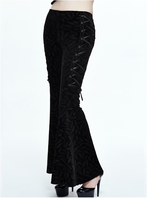 Steampunk Gothic Retro Dark Feather Pattern Ribbons Womens Flare Trousers