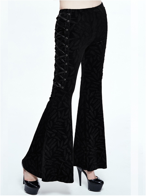 Steampunk Gothic Retro Dark Feather Pattern Ribbons Womens Flare Trousers