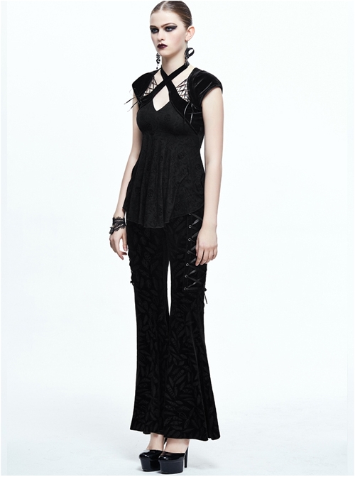 Steampunk Gothic Retro Dark Feather Pattern Ribbons Womens Flare Trousers