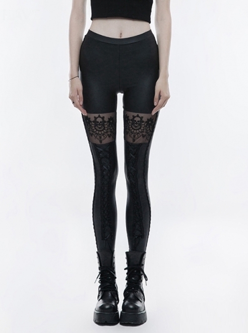 Gothic Black Hollow-out Skull Lace Embroidered Women's Leggings