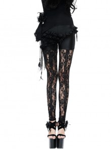 Gothic Black Rose Lace Embroidery Ruffle Tassels Leggings