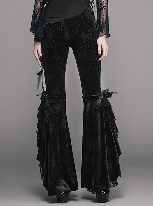 Gothic Black Leisure Feather Ruffle Lace Trumpet Trousers