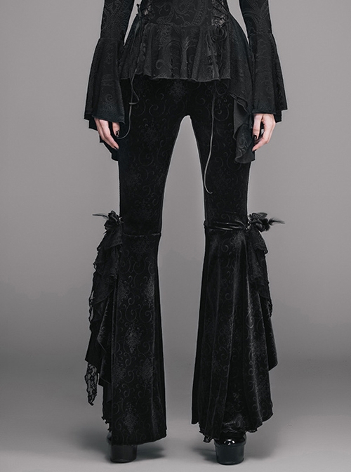Gothic Black Leisure Feather Ruffle Lace Trumpet Trousers