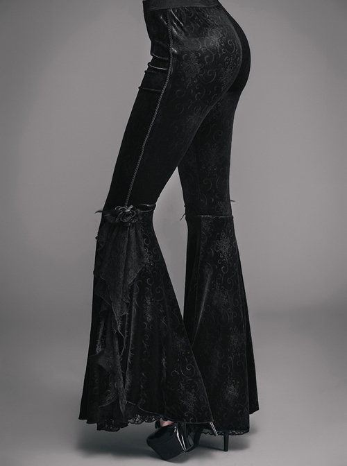Gothic Black Leisure Feather Ruffle Lace Trumpet Trousers