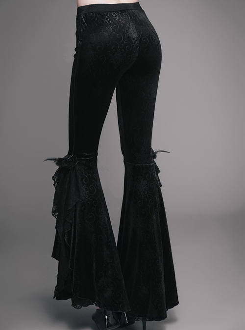 Gothic Black Leisure Feather Ruffle Lace Trumpet Trousers