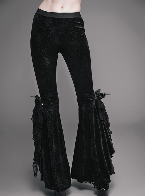 Gothic Black Leisure Feather Ruffle Lace Trumpet Trousers