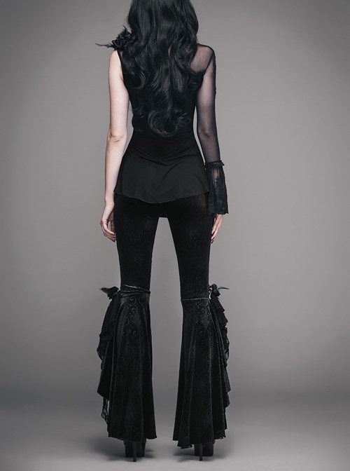 Gothic Black Leisure Feather Ruffle Lace Trumpet Trousers