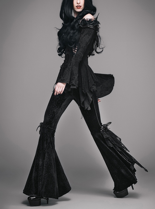 Gothic Black Leisure Feather Ruffle Lace Trumpet Trousers