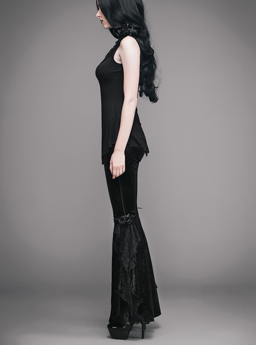 Gothic Black Leisure Feather Ruffle Lace Trumpet Trousers