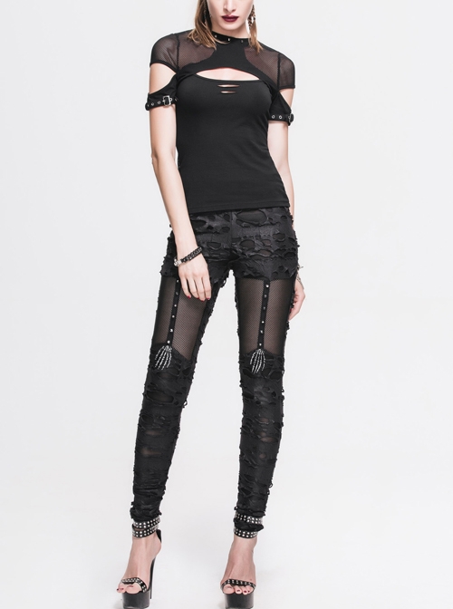 Gothic Black Slim Tattered Design Leisure Trousers