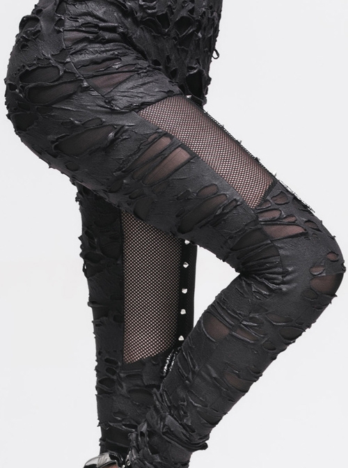 Gothic Black Slim Tattered Design Leisure Trousers