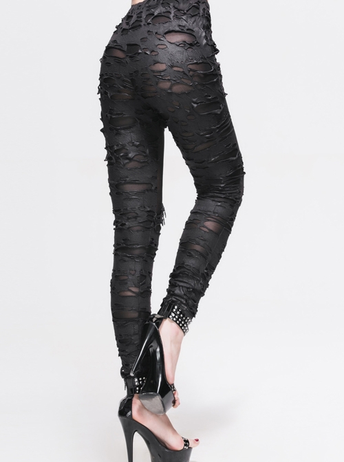 Gothic Black Slim Tattered Design Leisure Trousers