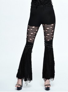 Gothic Black Hollow Out Visual Rivet Sexy Flared Trousers