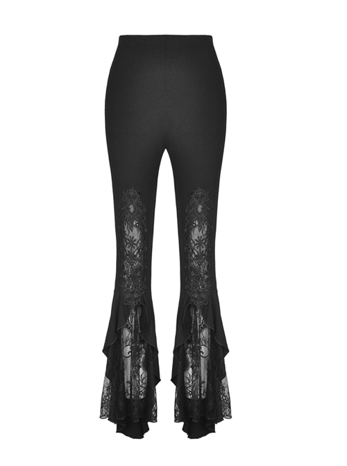 Gothic Elegant Black Lace Frilly Slim Long Trousers