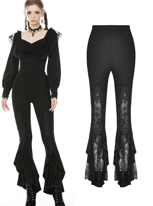 Gothic Elegant Black Lace Frilly Slim Long Trousers