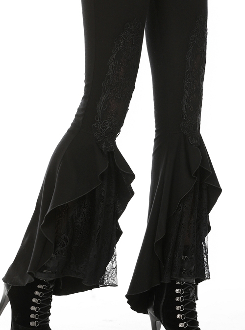 Gothic Elegant Black Lace Frilly Slim Long Trousers