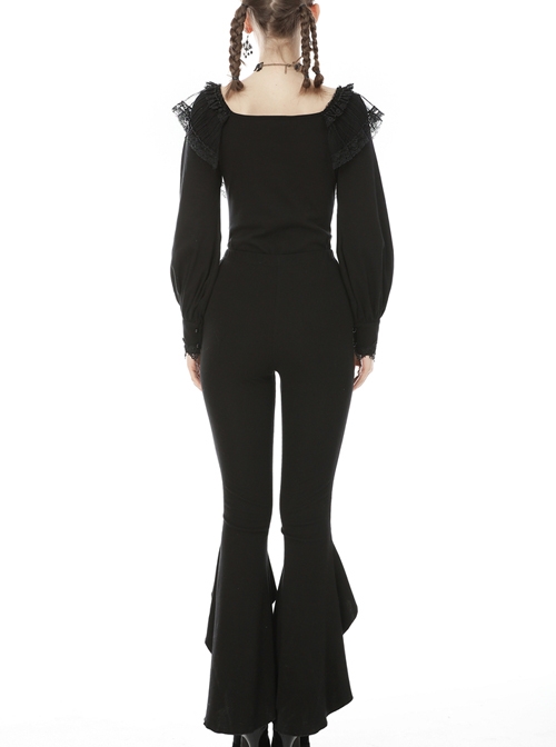 Gothic Elegant Black Lace Frilly Slim Long Trousers