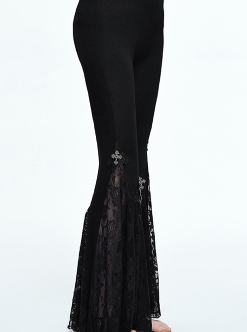 Gothic Black Medium-waist Pure-color Slim Individualized Elastic Flared Trousers