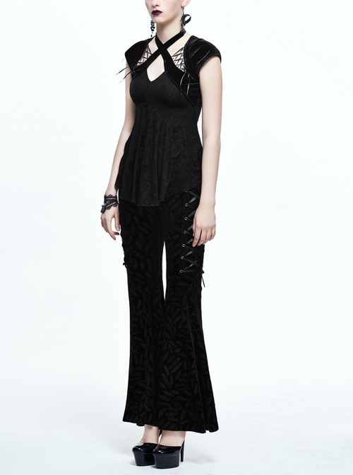 Gothic Black Casual Pants Feather Printing Lace-up High Waist Flared Trousers