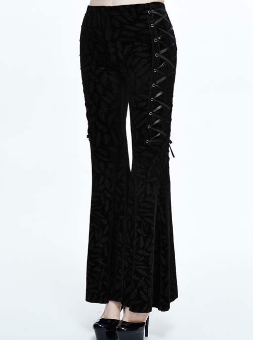 Gothic Black Casual Pants Feather Printing Lace-up High Waist Flared ...