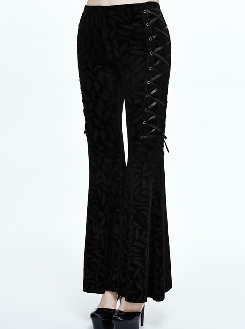 Gothic Black Casual Pants Feather Printing Lace-up High Waist Flared Trousers