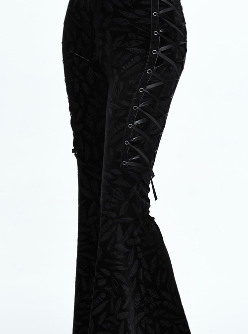 Gothic Black Casual Pants Feather Printing Lace-up High Waist Flared Trousers