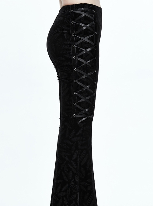 Gothic Black Casual Pants Feather Printing Lace-up High Waist Flared Trousers