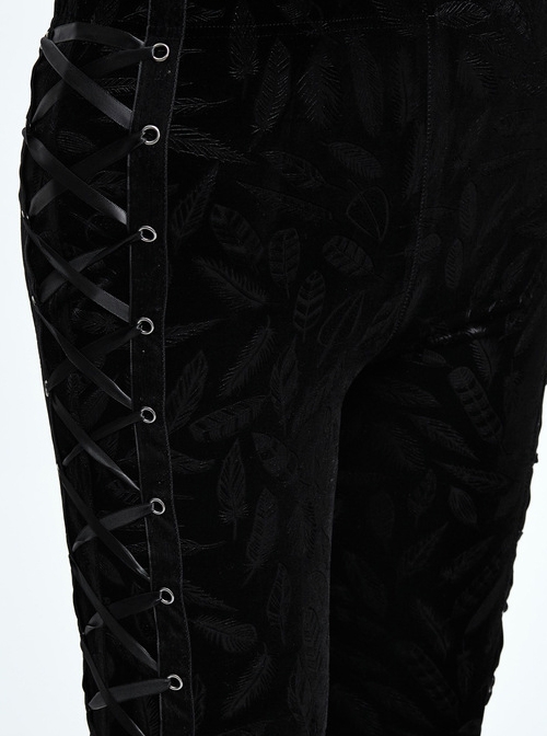 Gothic Black Casual Pants Feather Printing Lace-up High Waist Flared Trousers