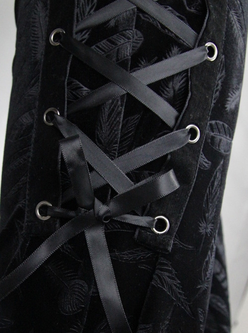 Gothic Black Casual Pants Feather Printing Lace-up High Waist Flared Trousers