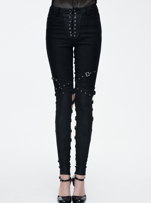 Gothic Black Slim Lace-up Stretch Pencil Pants