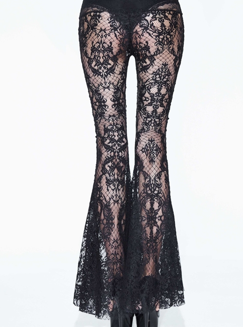 Gothic Black Sexy High Waist Lace Openwork Trousers Perspective Stitching Flared Trousers