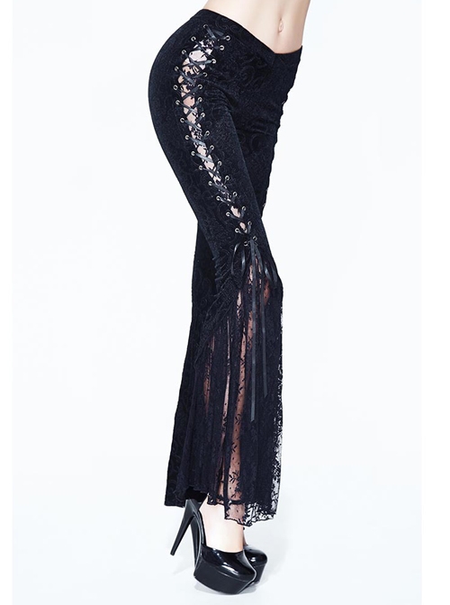 Gothic Black Vision Lace Stitching Elasticity Tight Trousers