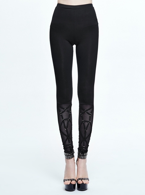 Gothic Pure Black High Waist Grid Lace Stitching Tight Trousers