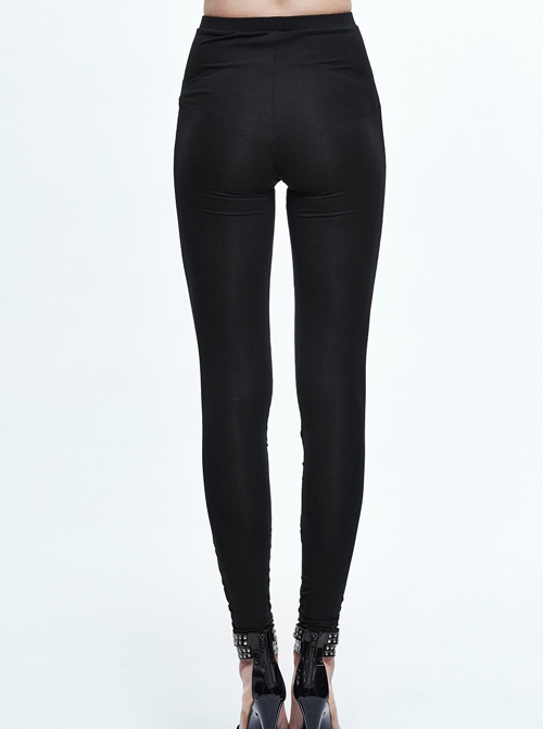 Gothic Pure Black High Waist Grid Lace Stitching Tight Trousers