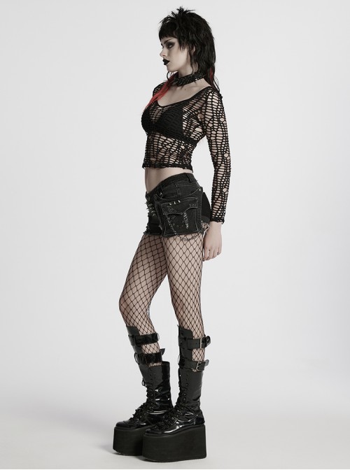 Gothic Black Rivet Elastic Water Wash Chain Denim Shorts