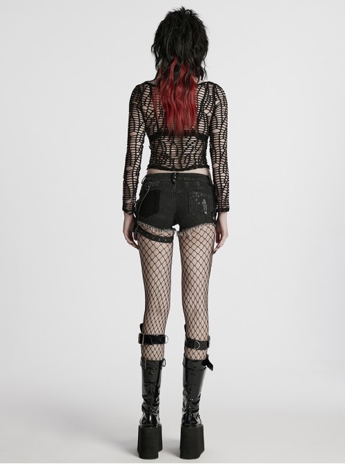 Gothic Black Rivet Elastic Water Wash Chain Denim Shorts