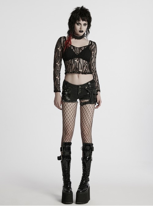 Gothic Black Rivet Elastic Water Wash Chain Denim Shorts